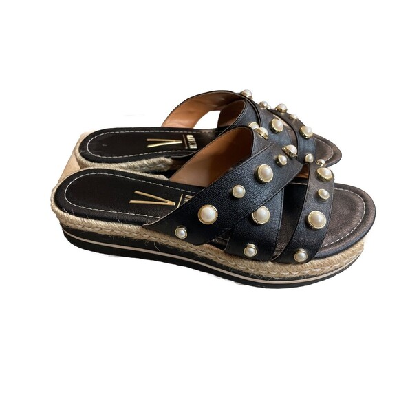 Vizzano Black sandals With Pearls size 8 Espadrilles Hemp Platform Cruise Beach - Picture 1 of 6